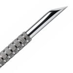Zenith Plus professional stainless steel double ended cuticle pusher with textured grip and branded storage pouch on a white background
