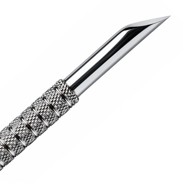 Zenith Plus professional stainless steel double ended cuticle pusher with textured grip and branded storage pouch on a white background