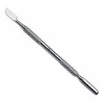 Zenith Plus professional double-ended wide blade cuticle pusher with textured metal handle and branded storage pouch on white background