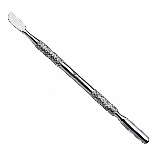 Zenith Plus professional double-ended wide blade cuticle pusher with textured metal handle and branded storage pouch on white background