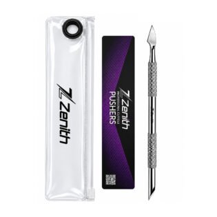 Zenith Plus professional stainless steel double ended cuticle pusher with textured grip and branded storage pouch on a white background