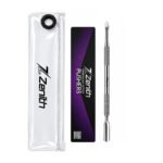 Zenith Plus professional double ended curved stainless steel cuticle pusher with textured handle and branded storage pouch on white background