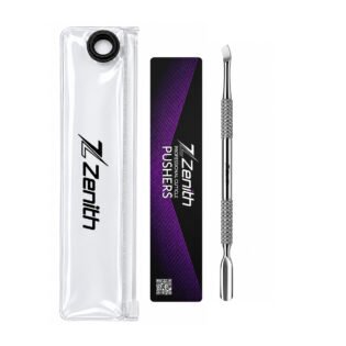 Zenith Plus professional double ended curved stainless steel cuticle pusher with textured handle and branded storage pouch on white background