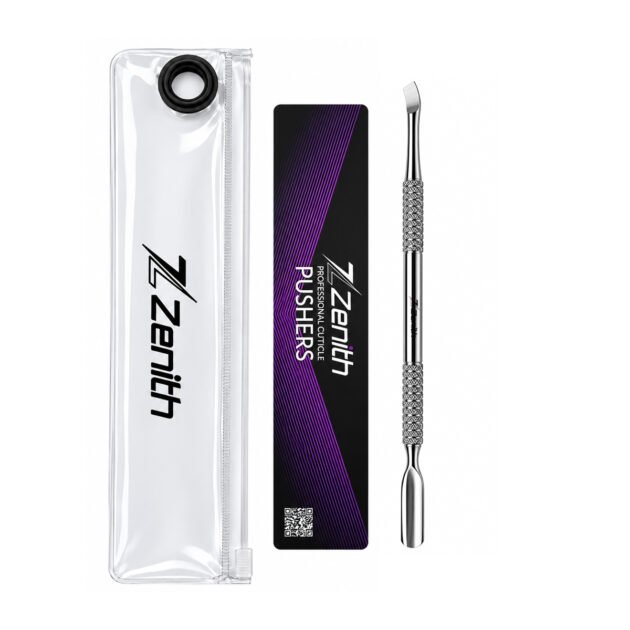 Zenith Plus professional double ended curved stainless steel cuticle pusher with textured handle and branded storage pouch on white background