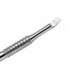 Zenith Plus professional double ended flat cuticle pusher ZP-P-23 with angled tip, textured metal handle and branded storage pouch on white background