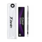 Zenith Plus professional double ended flat cuticle pusher ZP-P-23 with angled tip, textured metal handle and branded storage pouch on white background