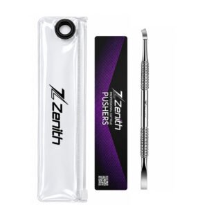 Zenith Plus professional double ended flat cuticle pusher ZP-P-23 with angled tip, textured metal handle and branded storage pouch on white background