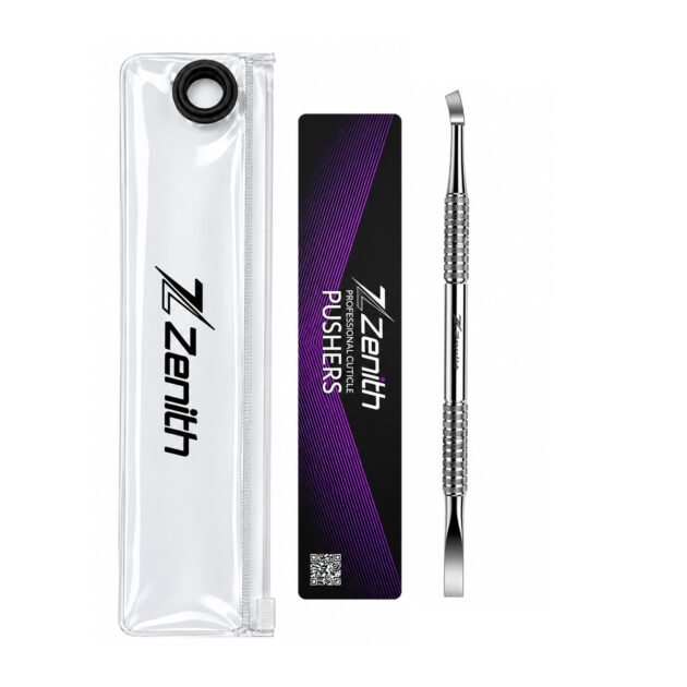 Zenith Plus professional double ended flat cuticle pusher ZP-P-23 with angled tip, textured metal handle and branded storage pouch on white background