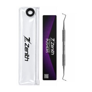 Zenith Plus professional double ended pedicure pusher ZP-P-38 with angled tips, textured metal handle and branded storage pouch