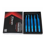 Zenith Plus professional 5 piece titanium blue eyelash extension tweezers set with storage box