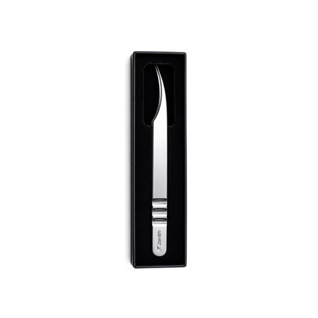 Long curved stainless steel eyelash extension tweezers with Zenith branded box