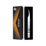 Long curved stainless steel eyelash extension tweezers with Zenith branded box
