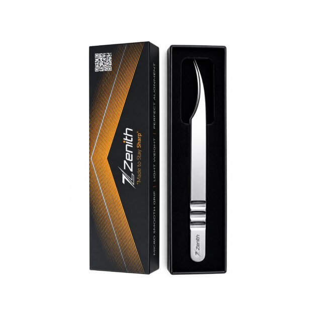 Long curved stainless steel eyelash extension tweezers with Zenith branded box