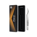Long curved stainless steel eyelash extension tweezers with Zenith branded box