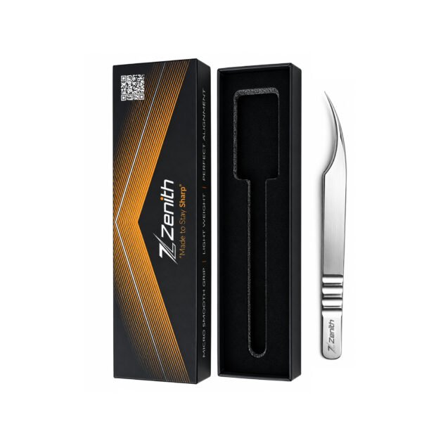Long curved stainless steel eyelash extension tweezers with Zenith branded box