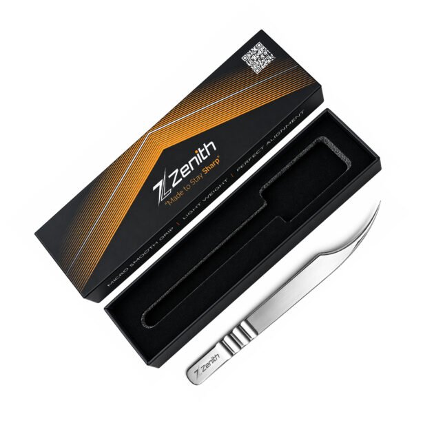 Long curved stainless steel eyelash extension tweezers with Zenith branded box
