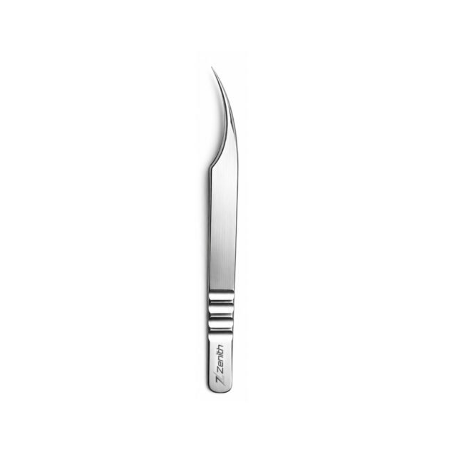 Long curved stainless steel eyelash extension tweezers with Zenith branded box
