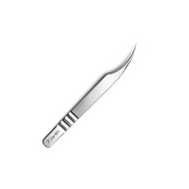 Long curved stainless steel eyelash extension tweezers with Zenith branded box