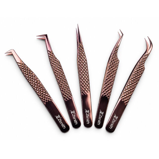Zenith Plus professional rose gold eyelash extension tweezers set of 5 pieces with precision tips and branded storage box
