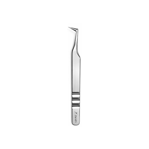 Zenith Plus L-shaped stainless steel eyelash extension tweezers with black branded packaging