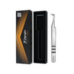 Zenith Plus L-shaped stainless steel eyelash extension tweezers with black branded packaging