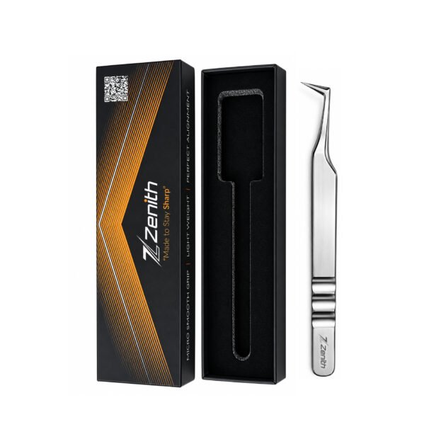 Zenith Plus L-shaped stainless steel eyelash extension tweezers with black branded packaging