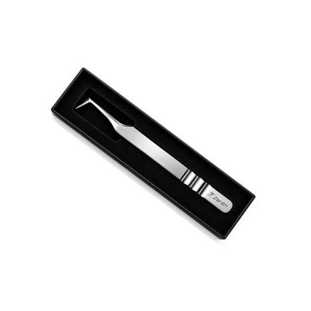 Zenith Plus L-shaped stainless steel eyelash extension tweezers with black branded packaging
