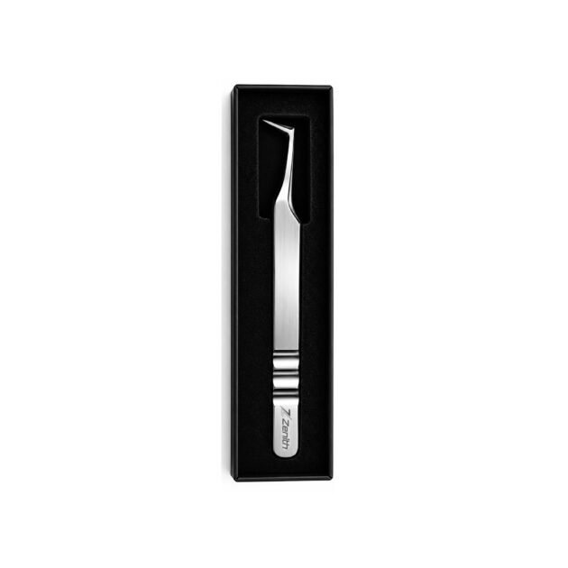Zenith Plus L-shaped stainless steel eyelash extension tweezers with black branded packaging