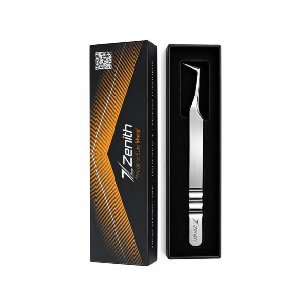 Zenith Plus L-shaped stainless steel eyelash extension tweezers with black branded packaging