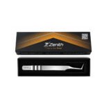 Zenith Plus L-shaped stainless steel eyelash extension tweezers with black branded packaging