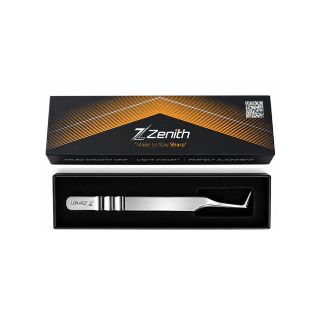 Zenith Plus L-shaped stainless steel eyelash extension tweezers with black branded packaging