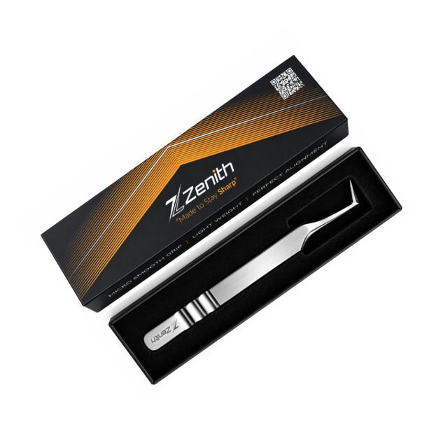 Zenith Plus L-shaped stainless steel eyelash extension tweezers with black branded packaging