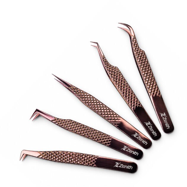 Zenith Plus professional rose gold eyelash extension tweezers set of 5 pieces with precision tips and branded storage box
