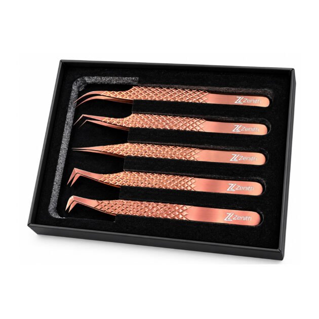 Zenith Plus professional rose gold eyelash extension tweezers set of 5 pieces with precision tips and branded storage box
