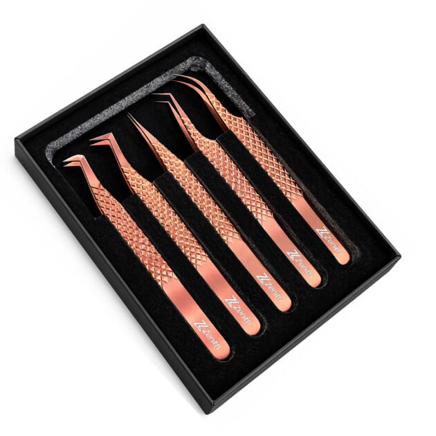 Zenith Plus professional rose gold eyelash extension tweezers set of 5 pieces with precision tips and branded storage box