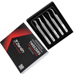 Zenith Plus professional silver eyelash extension tweezers set of 5 pieces with straight angled and curved tips in branded box