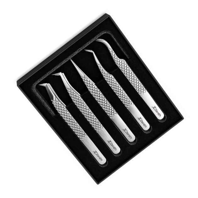 Zenith Plus professional silver eyelash extension tweezers set of 5 pieces with straight angled and curved tips in branded box