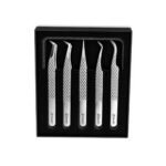 Zenith Plus professional silver eyelash extension tweezers set of 5 pieces with straight angled and curved tips in branded box