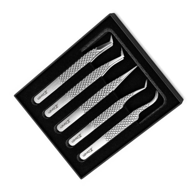 Zenith Plus professional silver eyelash extension tweezers set of 5 pieces with straight angled and curved tips in branded box