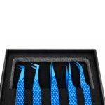 Zenith Plus professional 5 piece titanium blue eyelash extension tweezers set with storage box