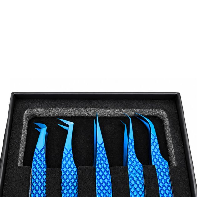 Zenith Plus professional 5 piece titanium blue eyelash extension tweezers set with storage box