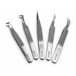 Zenith Plus professional silver eyelash extension tweezers set of 5 pieces with straight angled and curved tips in branded box