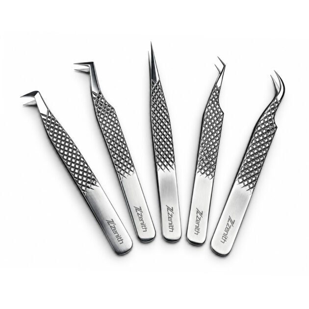 Zenith Plus professional silver eyelash extension tweezers set of 5 pieces with straight angled and curved tips in branded box