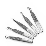 Zenith Plus professional silver eyelash extension tweezers set of 5 pieces with straight angled and curved tips in branded box