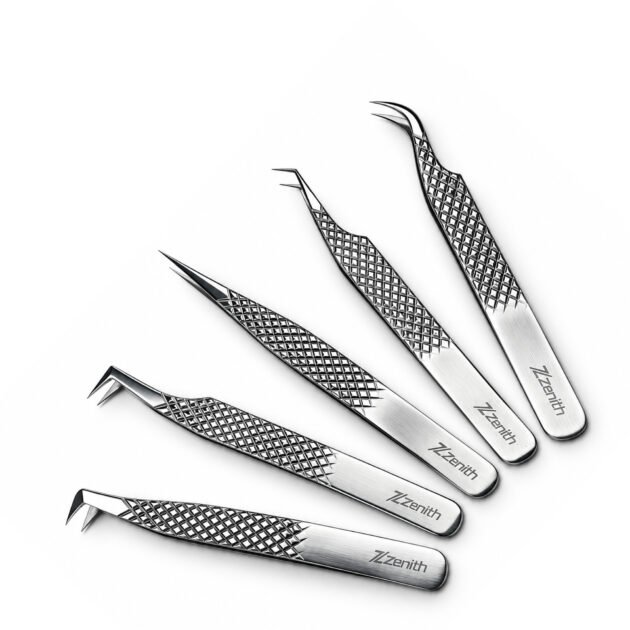 Zenith Plus professional silver eyelash extension tweezers set of 5 pieces with straight angled and curved tips in branded box