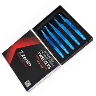 Zenith Plus professional 5 piece titanium blue eyelash extension tweezers set with storage box