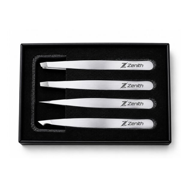 Zenith Plus professional 4 piece white powder coated eyebrow tweezers set with straight angled pointed and slant tips