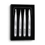 Zenith Plus professional 4 piece white powder coated eyebrow tweezers set with straight angled pointed and slant tips