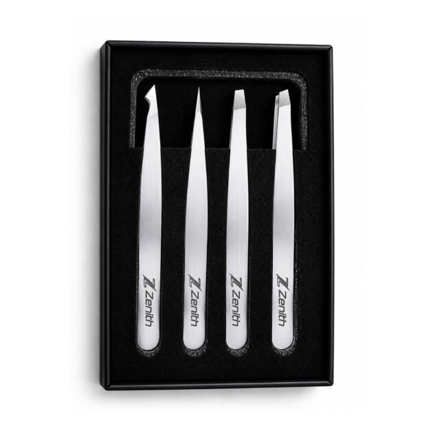 Zenith Plus professional 4 piece white powder coated eyebrow tweezers set with straight angled pointed and slant tips