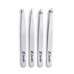 Zenith Plus professional 4 piece white powder coated eyebrow tweezers set with straight angled pointed and slant tips